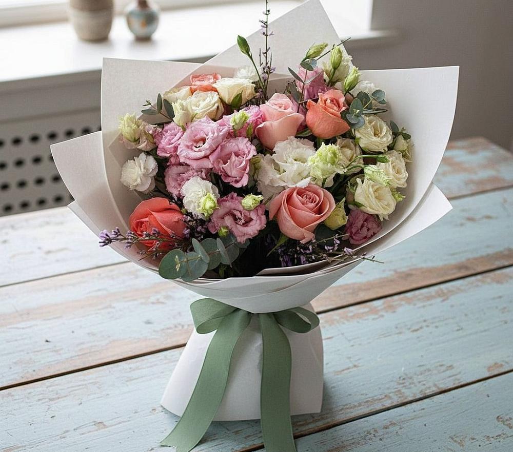 Букет цветов из: Розы, Лизиантусы и Гвоздики в Ростове