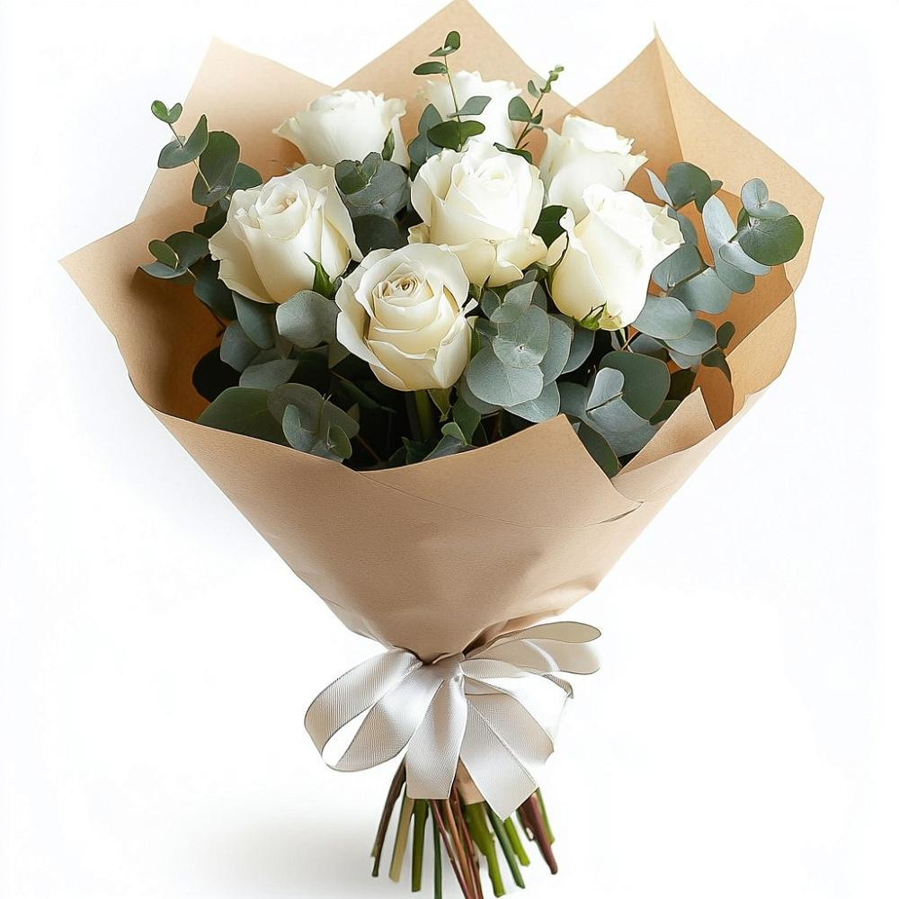 Белые розы в Эвкалипте в Ростове Букет Белые розы в Эвкалипте в Ростове