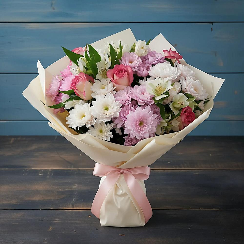 Букет Розовое очарование в Ростове Букет цветов из: Хризантемы, Альстромерии и Розы в Ростове